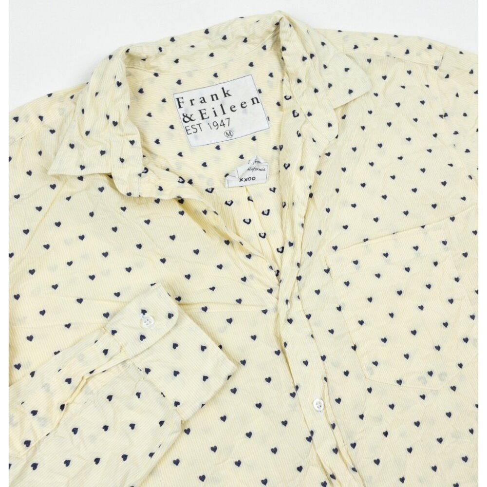 Frank & Eileen Joedy Shirt Women Medium Striped Hearts Cotton Button-Up Crinkled